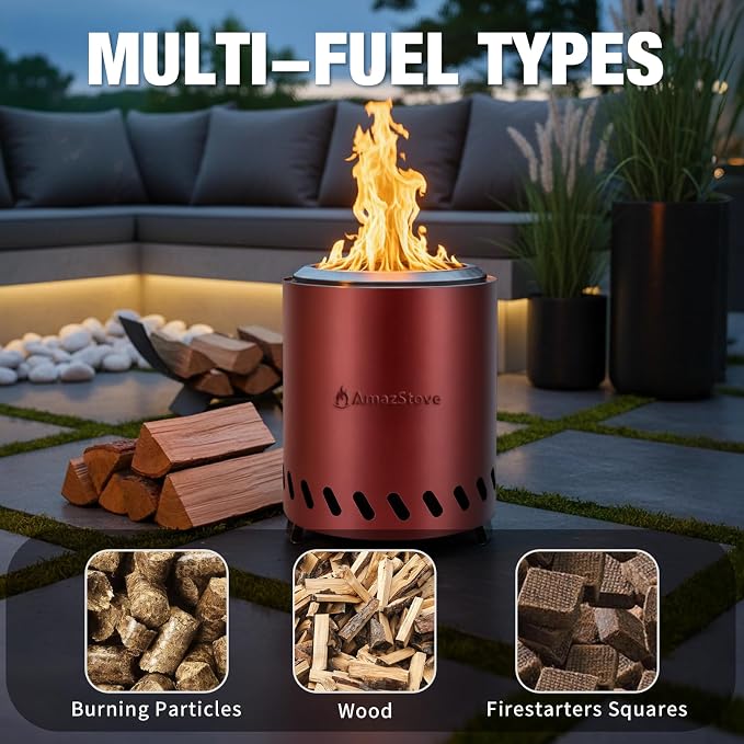 9.7 x 7.1 Inch Tabletop Fire Pit by AmazStove, Low Smoke Camping Stove for Outdoor Safe Burning Firepits, Fueled Pellets or Wood, Travel Bag Included (Red, 9.7 x 7.1 INCH)