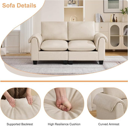 70.5" Faux Leather Modular Sectional Loveseat Sofa, Oversized 2 Seater Upholstered Couch with Curved Armrests, Cloud Modern Deep Seat Love Seat Sofa for Living Room, Beige