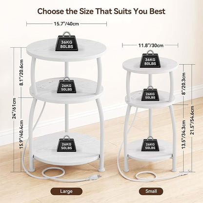 Round Side Table with Power Outlet & USB Ports, 3-Tier End Table with Storage Shelf, 15.7" Wide Nightstand for Small Spaces, Tall Bedside Table Capable of Charging Laptops & Phones, Rustic Brown