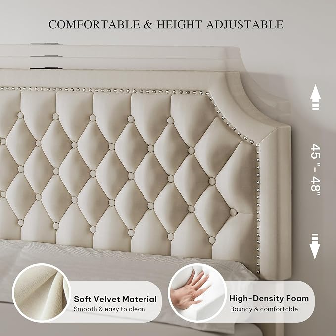 YITAHOME Full Size Bed Frame with Adjustable Headboard, 4 Storage Drawers and Charging Station, Velvet Upholstered Bed Frame with Button Tufted, No Box Spring Needed, Fast Assembly, Noise-Free, Beige