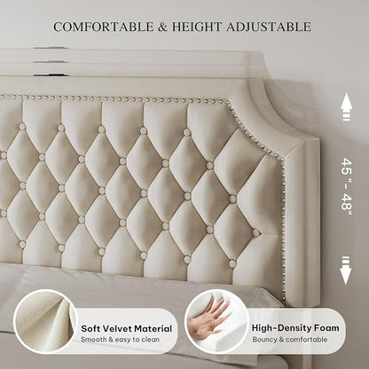 YITAHOME Full Size Bed Frame with Adjustable Headboard, 4 Storage Drawers and Charging Station, Velvet Upholstered Bed Frame with Button Tufted, No Box Spring Needed, Fast Assembly, Noise-Free, Beige