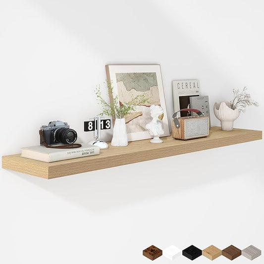 Fun Memories Floating Shelves - 12 Inch Rustic Wooden Wall Shelves - Extra Deeper & Thicker Wall Mounted Storage Shelf for Living Room, Kitchen, Farmhouse - 55" W x 12" D x 1.8" H - Oak