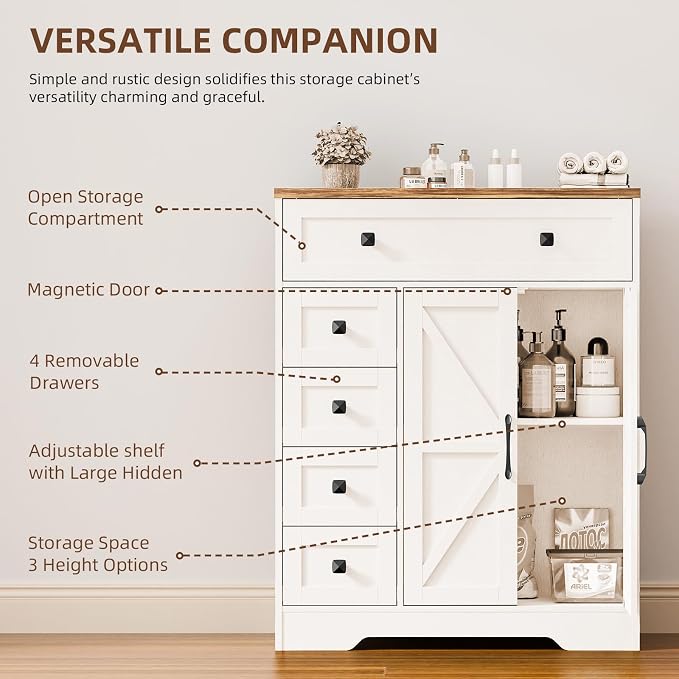 Vabches Farmhouse Storage Cabinet with 2 Doors and 5 Drawers, Freestanding Bathroom Cabinets Kitchen Pantry, Floor Storage Cabinet Hutch Cupboard for Living Room/Bathroom/Kitchen. Unique White