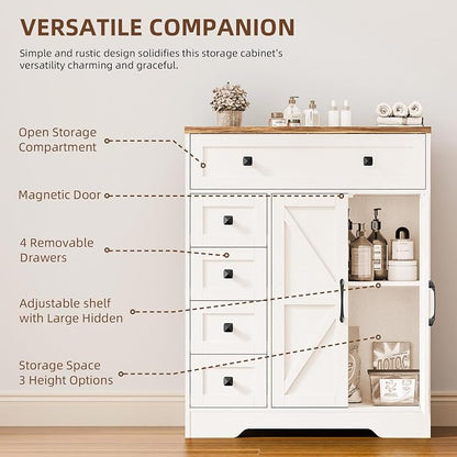 Vabches Farmhouse Storage Cabinet with 2 Doors and 5 Drawers, Freestanding Bathroom Cabinets Kitchen Pantry, Floor Storage Cabinet Hutch Cupboard for Living Room/Bathroom/Kitchen. Unique White