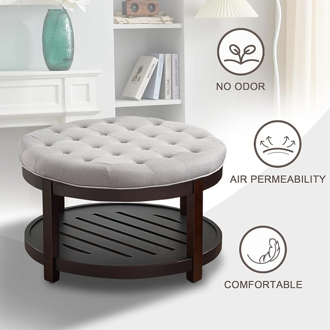 adochr Round Coffee Tables for Living Room,33’’ Storage Ottoman with Wooden Tray, Upholstered Ottoman Footrest Light Grey