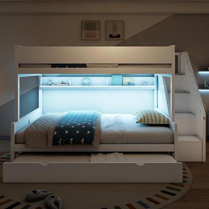 Modern Bunk Bed Full XL Over Queen Size with Storage Shelves and Staircase, Solid Wood Bunk Bed Frame with Trundle and LED Light for Kids Teens Adults (White-3.9)