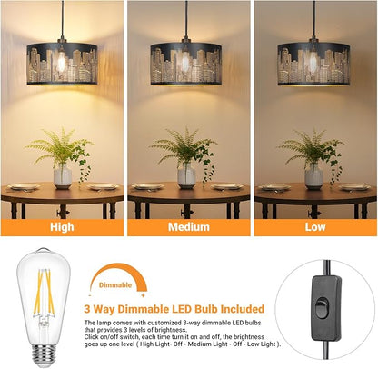 Qingmiao Plug in Pendant Light, Hanging Lamp Plug in with LED Bulb, 3-Way Dimmable Hanging Light Fixture for Living Room Bedroom Kitchen Ceiling Farmhouse Home Decor