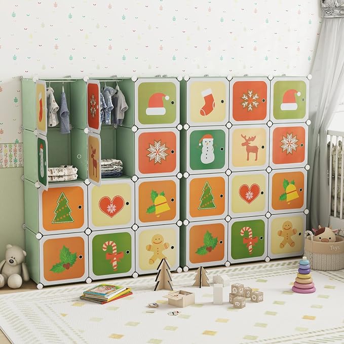 HONEY JOY Kids Wardrobe Closet, Baby Cartoon Clothes Storage Organizer, 12 Cubes & 2 Hanging Sections, Portable Children DIY Modular Bedroom Armoire Dresser Cabinet for Boys Girls (Green)