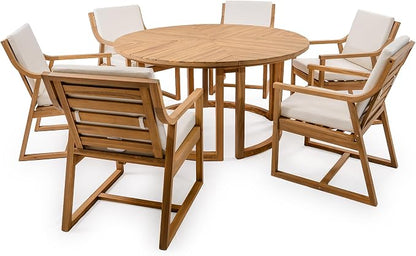 Quarte 7-Piece Patio Dining Table Set, Round Dining Table with 1.96" Umbrella Hole, Outdoor Wooden Patio Furniture Set for Garden, Backyard and Pools (Light Teak-7)