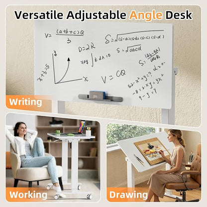 40inch Glass Standing Desk, 90° Tiltable Drafting Table Height Adjustable, Whole Piece Rolling Laptop Desk with Wheels, Foldable Mobile Rising Desk for Working, Drawing, Crafting, White