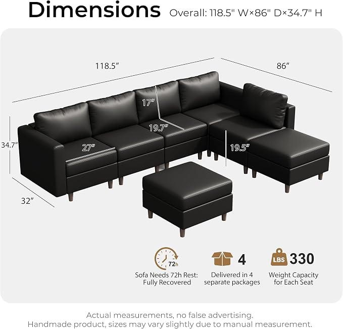 ABCASA Faux Leather Sectional, Modular Sectional Sofa with Storage Seats, 7 Seat Faux Leather Modular L Shaped Couches with Movable Ottoman for Living Room,Black