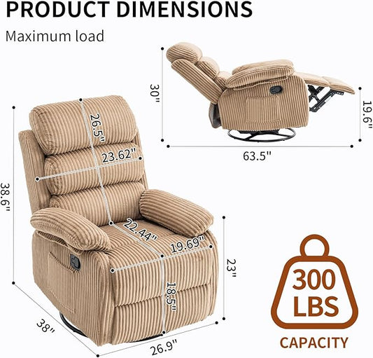 Velvet Upholstered Glider Recliner Chair – 360° Swivel Rocker Chair for Adults, Small Rocking Chair for Small Spaces, Soft Fabric Recliner Chair with Side Pockets, Comfortable Nursery Chair,Brwon