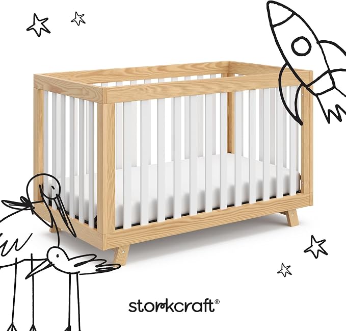 Storkcraft Beckett 3-in-1 Convertible Crib – GREENGUARD Gold Certified, Fits Standard Crib Mattress, Converts to Toddler Bed and Daybed, 4 Mattress Heights, Grow-with-Me Design (Natural and White)