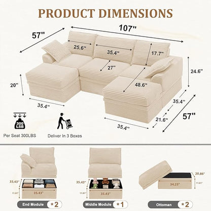 Upgrade Boneless Couch with Storage, Extra Deep&High Seat Modular Sectional Sofa 3 Seater U Shaped Cloud Couch with Ottoman, Tool-Free Assembly Sectional Couches for Living Room