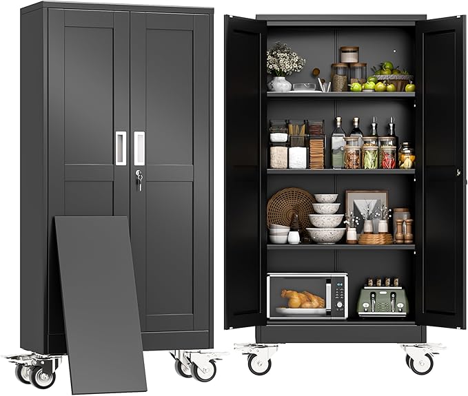61" H Metal Pantry Storage Cabinet with Wheels,Rolling Kitchen Pantry Cabinet with 2 Doors and 3 Adjustable Shelves, Locker Steel Cabinet,Organization Cabinet for Garage,Home,Gym,School,Black