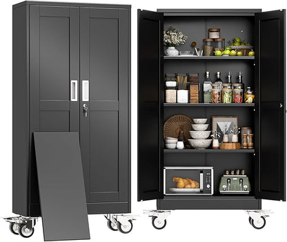 61" H Metal Pantry Storage Cabinet with Wheels,Rolling Kitchen Pantry Cabinet with 2 Doors and 3 Adjustable Shelves, Locker Steel Cabinet,Organization Cabinet for Garage,Home,Gym,School,Black