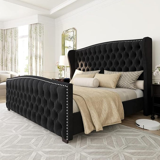 AMERLIFE California King Size Platform Bed Frame, Velvet Upholstered Bed with Deep Button Tufted & Nailhead Trim Wingback Headboard/No Box Spring Needed,Black