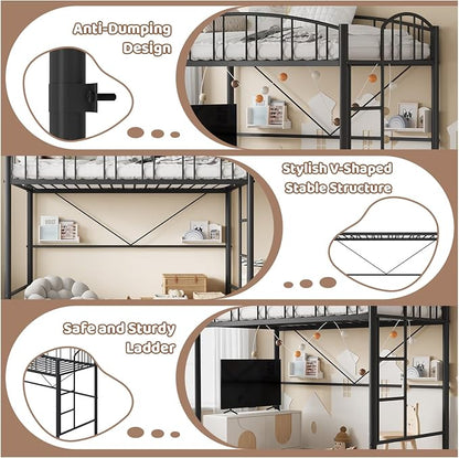 GarveeHome Loft Bed Twin Size, Heavy Duty Metal Loft Bed Frame with Arched Guardrail and Safety Ladder, Space-Saving, No Box Spring Needed, Modern Black