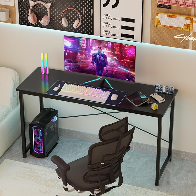Sweetcrispy Computer Office Desk 55 Inch Student Study Writing Work with Metal Frame Wood Tabletop Modern Simple PC Home Bedroom Table - Black, Sturdy Compact Desk for Laptop, Study, Gaming