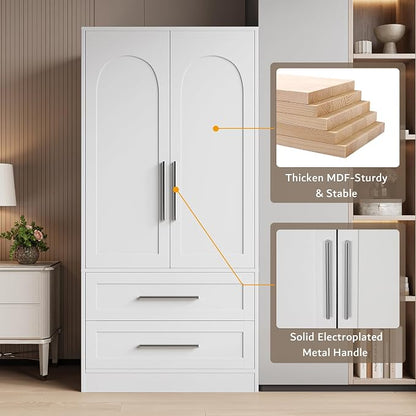 iPormis Armoire Wardrobe Closet with 2 Drawers, Modern Wooden Bedroom Armoire with Doors, Clothing Storage Cabinet with Aluminum Hanging Rod, Wardrobe Storage with Strong Door Closure, White