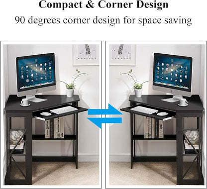VECELO Corner Computer Desk 41 x 30 inches with Smooth Keyboard & Storage Shelves for Home Office Workstation, Black