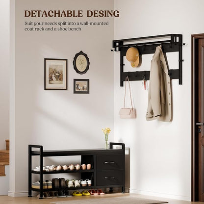 Lulive Hall Tree with Bench and Shoe Storage, 39.4” Entryway Bench with Coat Rack freestanding, 5 in 1 Entryway Furniture Organizer Large Coat and Shoe Rack with 21 Hooks and Drawers, Black
