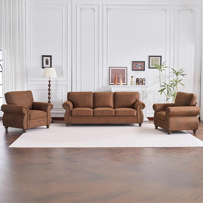 Couchus Living Room Furniture Sets,Sofa Sets and Couch Sets for Living Room,Mid-Century Vintage Sofa Couches with Rivet Design (Caramel Rust, 2 Single+3 Seater)