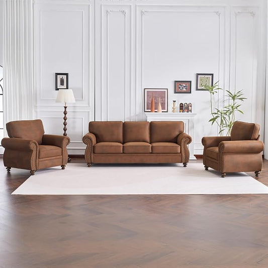 Couchus Living Room Furniture Sets,Sofa Sets and Couch Sets for Living Room,Mid-Century Vintage Sofa Couches with Rivet Design (Caramel Rust, 2 Single+3 Seater)