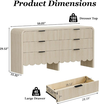 59" Scalloped Dresser for Nursery,Fluted 6 Drawer Wooden Dressers,Boho Long Dresser for Bedroom Kids Room, Living Room