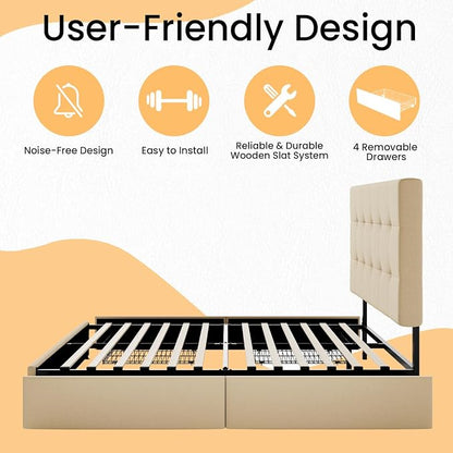 SHA CERLIN Upholstered Full Size Platform Bed Frame with 4 Storage Drawers, Adjustable Headboard with Square Stitched Button Tufted Design, Wooden Slat Support, No Box Spring Needed, Beige