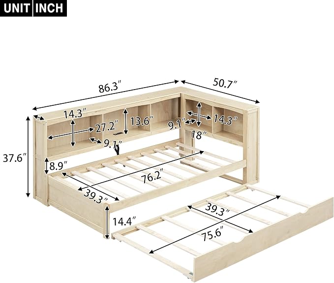Bellemave Twin Corner Bed Frame with Trundle and USB Ports, Wood Twin Size Daybed with L-Shaped Bookcase，Daybed with Storage Cabinets, Wood Color