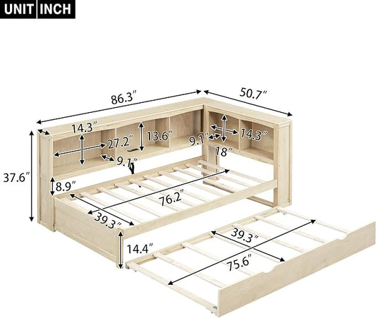 Bellemave Twin Corner Bed Frame with Trundle and USB Ports, Wood Twin Size Daybed with L-Shaped Bookcase，Daybed with Storage Cabinets, Wood Color