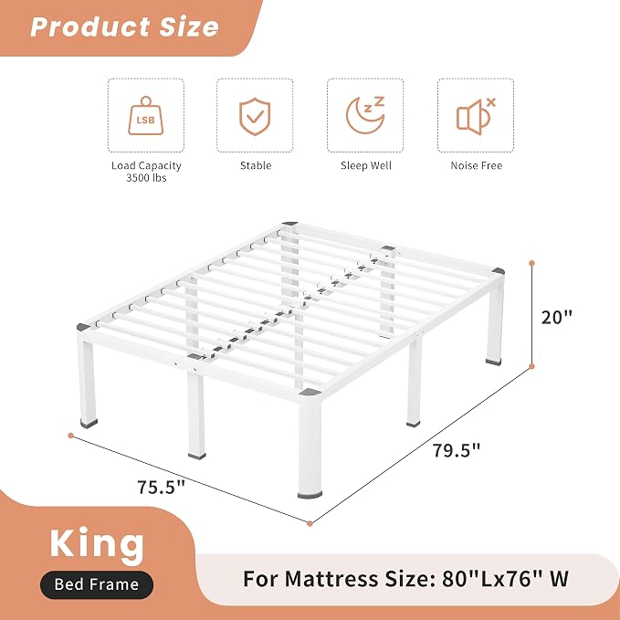 VIPSHOW 20 Inch White King Heavy Duty 3500 lbs Bed Frame with Round-Corner Legs & Anti-Squeak Design – Quick Assembly Metal Platform, No Box Spring Needed