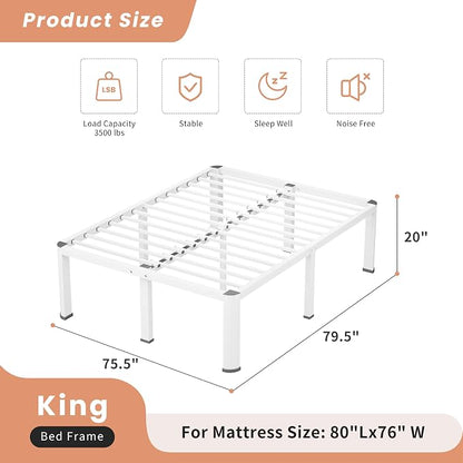 VIPSHOW 20 Inch White King Heavy Duty 3500 lbs Bed Frame with Round-Corner Legs & Anti-Squeak Design – Quick Assembly Metal Platform, No Box Spring Needed
