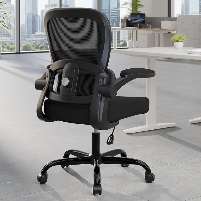 Ergonomic Mesh Office Chair with Adjustable Lumbar Support, Black | 330 LB Capacity,Flip-Up Arms,All-Day Comfort,Desk chairs,Breathable Mesh