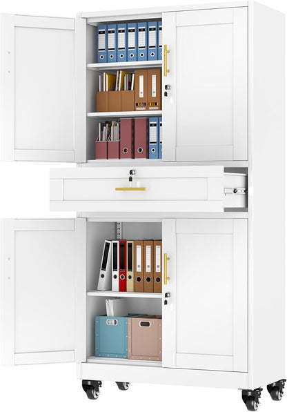 Lockable Metal Storage Cabinet, 71" Tall White Cabinet with Wheels | Garage Storage Cabinet with Drawers, 3 Adjustable Shelves and Lock, Steel Construction – Suitable for Office, Home, School