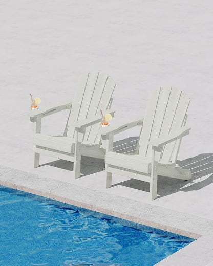 Garvee Folding Adirondack Chair Set of 6, HDPE Outdoor Patio Chair with Cup Holder, All Weather Resistent Wooden Textured for patios, Decks, Gardens, fire Pit, White