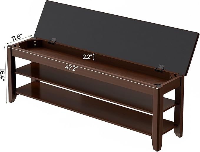 Homleke 2-Tier Solid Wood Shoe Rack Bench with Flip-Top Storage | Entryway Bench with Cushion, Adjustable Shelf, Holds Up to 12 Pairs, for Hallway, Bedroom and Closet, Walnut, 47.2 Inch