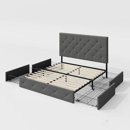 Allewie Upholstered Queen Size Platform Bed Frame with 4 Storage Drawers and Headboard, Diamond Stitched Button Tufted Mattress Foundation with Wooden Slats Support, Light Grey