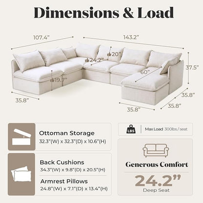 Cloud Modular Hosting Sectional, Oversized Deep Seat Comfort, Linen Blend | Fully Removable Washable Covers, Memory Foam Seat Cushions, Storage Ottoman, Premium Fabric