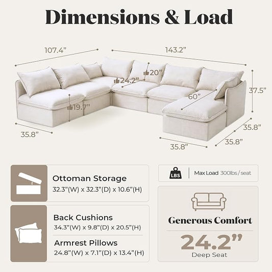 Cloud Modular Hosting Sectional, Oversized Deep Seat Comfort, Linen Blend | Fully Removable Washable Covers, Memory Foam Seat Cushions, Storage Ottoman, Premium Fabric