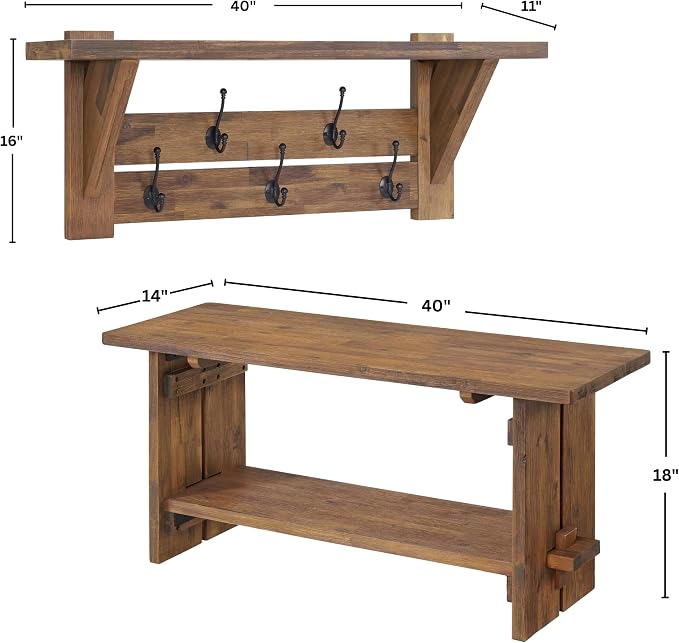 Alaterre Furniture Bethel Wall Mounted Coat Rack & Bench Set – Rustic 40-Inch Entryway Organizer with 5 Coat Hooks, Solid Wood Seat & Storage Shelves for Mudroom or Foyer (Natural Aged Brown)