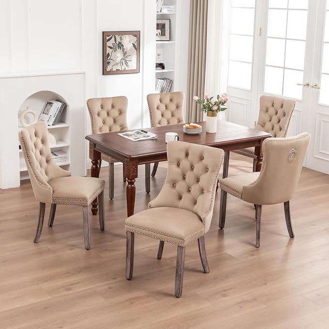 Hixkol Velvet Dining Chairs Set of 6,Upholstered Dining Chairs with Ring Pull Trim and Button Back,Modern Seating for Kitchen, Bedroom,Living Room,Dining Room(Khaki)