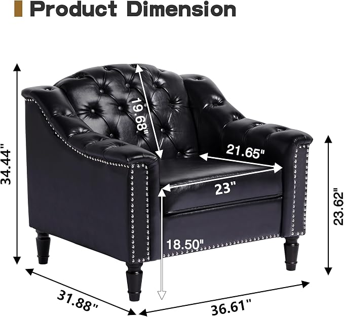 LEVNARY Chesterfield Chair Leather, Upholstered Sofa Chair with High Back, Mid-Century Modern Armchair with Solid Wood Legs, Single Couches for Living Room (Black)