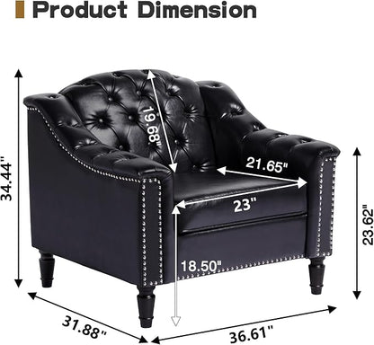 LEVNARY Chesterfield Chair Leather, Upholstered Sofa Chair with High Back, Mid-Century Modern Armchair with Solid Wood Legs, Single Couches for Living Room (Black)