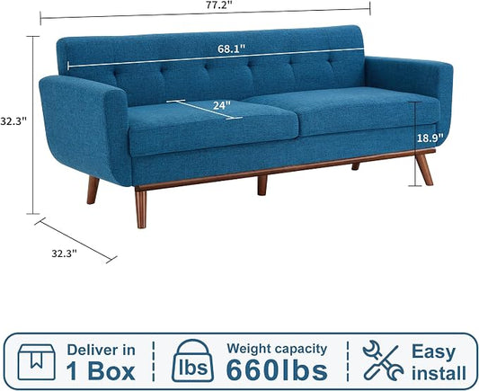 Kingfun 77.2" W Loveseat Sofa, Mid Century Modern Decor Love Seat Couches for Living Room, Button Tufted Upholstered Furniture, Solid & Easy to Install Small Couch for Bedroom Office Apartment, Blue