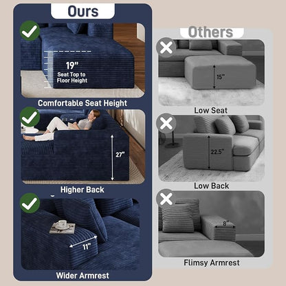 143" Oversized U Shaped Cloud Sectional Couches for Living Room, Comfy Fluffy Corduroy Blue Boneless Couch, Large Modular Sectional Sofa Set with Chaise, Cup Holder, USB Port, Storage Console