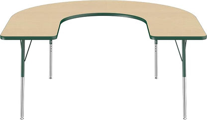FDP Horseshoe Activity School and Office Table (60 x 66 inch), Standard Legs with Swivel Glides for Collaborative Seating Environments, Adjustable Height 19-30 inches - Maple Top and Green Edge
