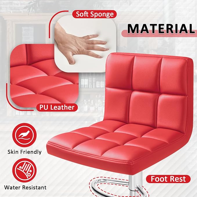 Homall Bar Stools Modern PU Leather Adjustable Swivel Barstools, Armless Hydraulic Kitchen Counter Bar Stool Extra Height Square Island Barstool with Back Set of 2 (Leather, Red)