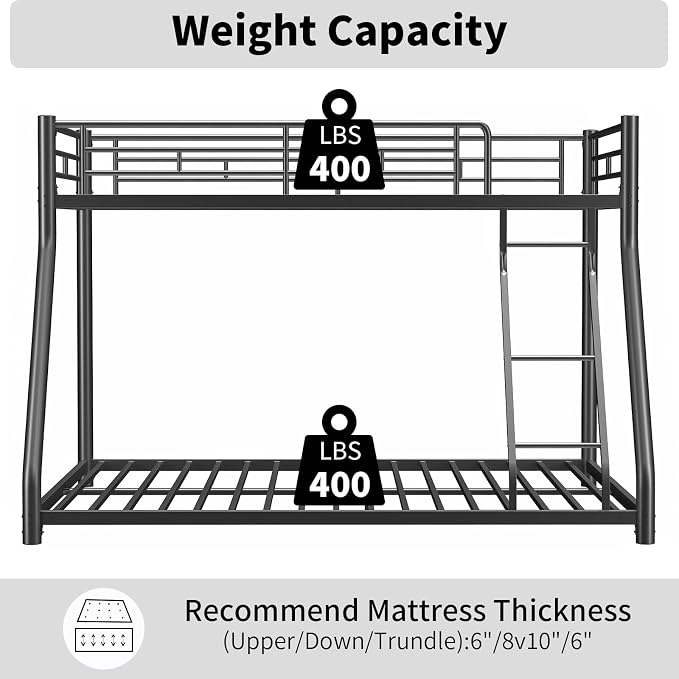 Metal Bunk Bed Twin Over Full Size with Removable Stairs, Heavy Duty Sturdy Frame with Full Length Safety Guardrail for Teen & Adults, Teens, No Box Spring Needed (Black)